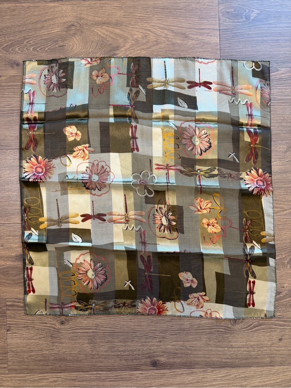Vintage Silk Feel Scarf Floral Dragonfly Plaid Abstract Square Scarf